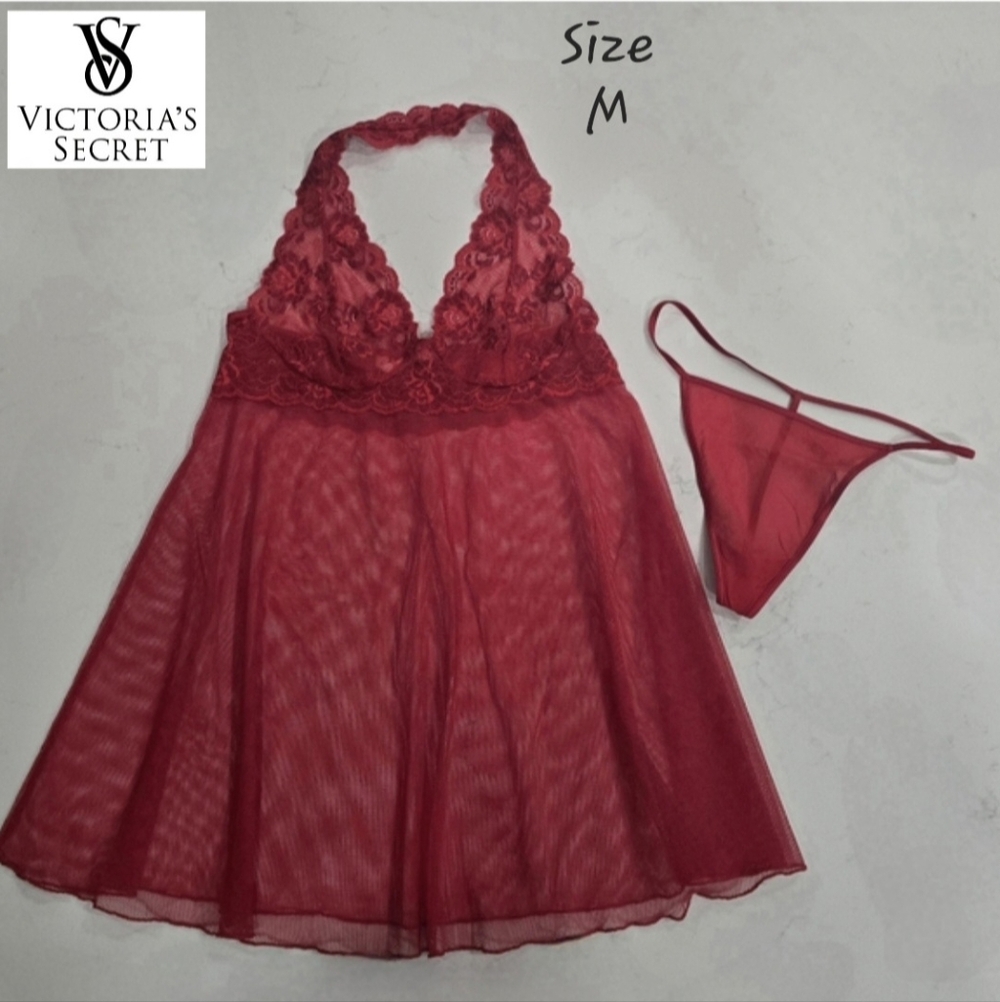 Vintage Victoria's Secret Halter Babydoll & SilkV-String Thong - Women's Size M